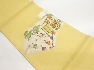 地紙に御所車・時代人物模様織出し開き名古屋帯（額縁仕立て）